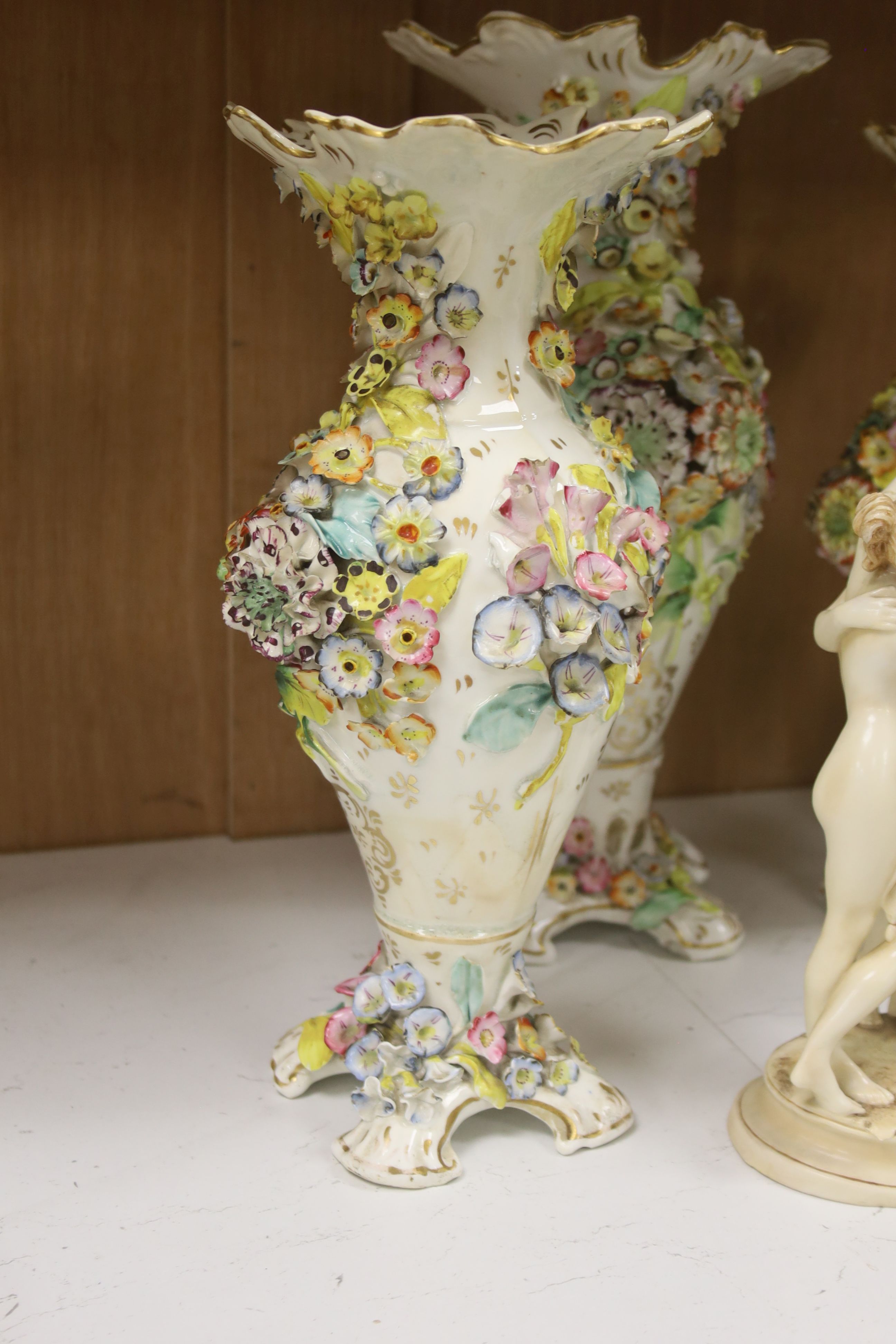 A set of three Victorian Coalbrookdale type vases, a Continental Three Graces group and sundry ceramics, tallest 34cm